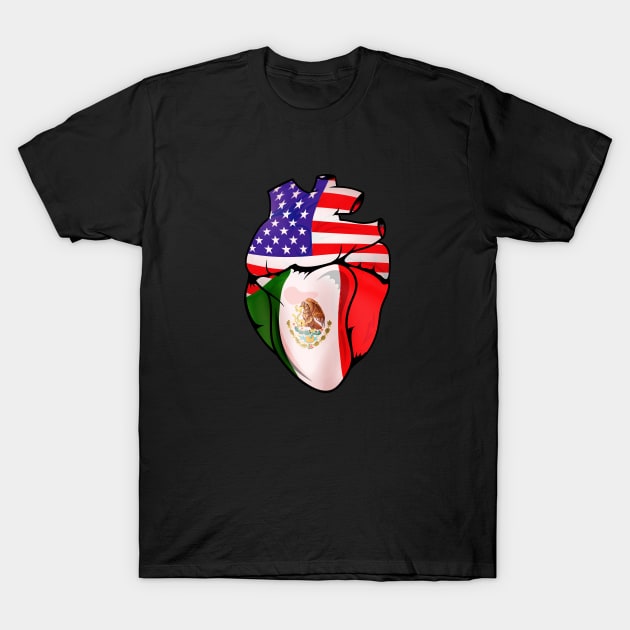 Mexican American Split Anatomical Heart With Flags T-Shirt by Biped Stuff